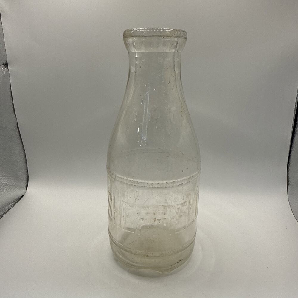 VINTAGE SHEFFIELD Creamery Farms Dairy Embossed QT GLASS Milk Bottle